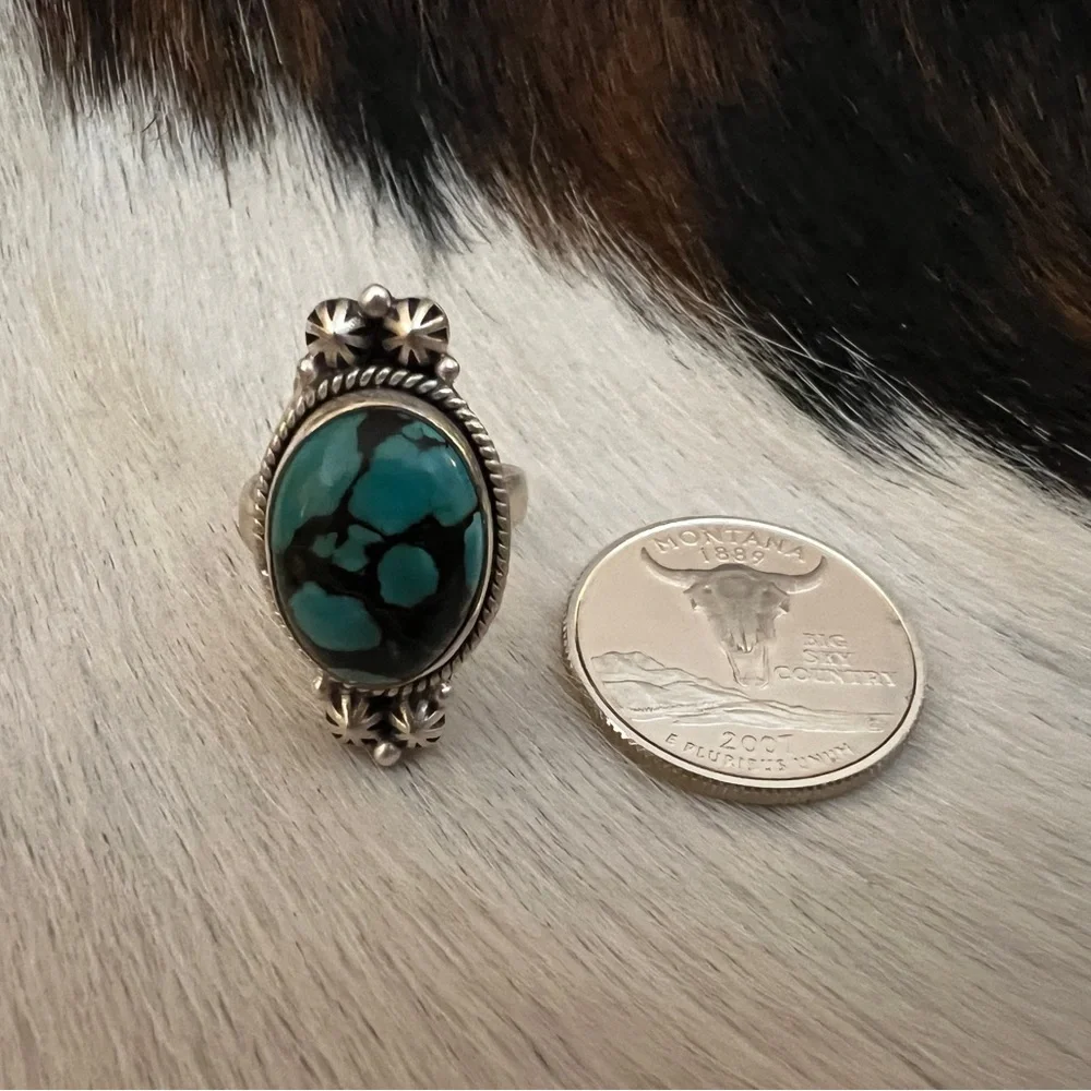 ❤️ Hubei Turquoise Navajo Style Spiderweb Decorative ADJ Oval Matte 925 Ring - Picture 7 of 14